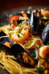 Vibrant Gourmet Seafood Spaghetti with Mussels, Shrimp, and Clams, Fresh Parsley Garnish.