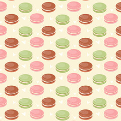 Seamless pattern with colorful macarons in three pastel shades, arranged in a soft repeating layout suitable for packaging, textiles, wrapping paper and branding.