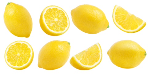 Collection of lemon fruits and cut in a slice and in a half isolated, no shadow. Half of yellow lemon with clipping path. Slice of lemon fruit.