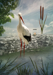 A crane bird standing in water in a sedge and looking at a goldfish swimming in a glass cup. Digital art.