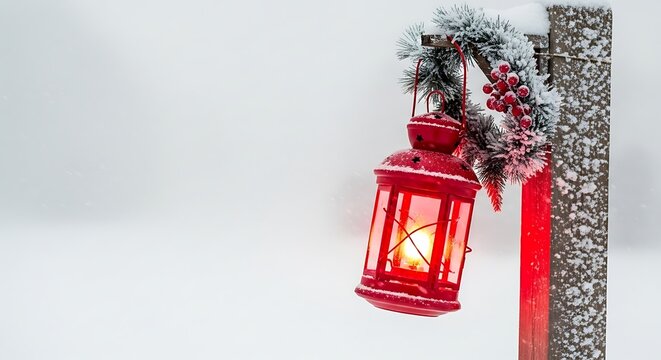 A red lantern hanging from a snowy post with a christmas wreath on a snowy white background scene