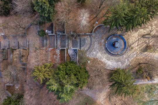 Aerial view of a stone fountain nestled amongst trees and steps, creating a harmonious blend of nature and architecture, Sarajevo, Federation of Bosnia and Herzegovina, Bosnia and Herzegovina.