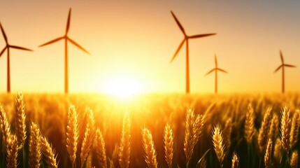Golden Wheat Field with Wind Turbines at Dawn Under Clear Sky