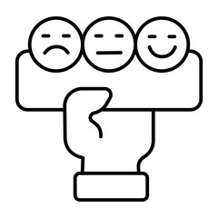 Hand and board with smiley emoticons thin line icon, traveler survey concept. Vector graphics. Review stickers in hand, mood sign on white background, style icon mobile or web design.