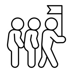 Tourists and guide with flag thin line icon, traveler survey concept. Vector graphics. Guide man with people, travel sign on white background, style icon mobile or web design.