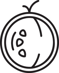 Minimalist line drawing of whole fruit resembling a coconut or melon with seeds and stem on top