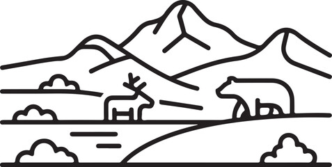 Monoline landscape illustration featuring mountain range forest animals and river scenery depicting wilderness environment