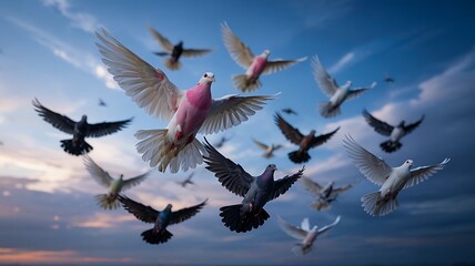 Beautiful flock of colorful doves flying gracefully in the sky at sunset symbolizing peace, freedom and harmony in a serene atmosphere