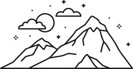 Simple line art illustration of three jagged mountain peaks under cloudy nighttime sky with stars and full moon background