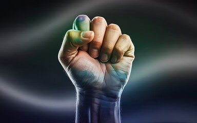 Close-up of a raised clenched fist symbolizing strength, empowerment, resistance and unity in a powerful human rights and justice concept