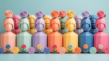 Colorful paper-art illustration of diverse stylized people standing together with decorative flowers symbolizing unity and community