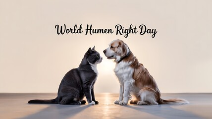 Cute scene of a cat and dog sitting together with world human rights day text symbolizing peace, kindness, unity and compassion