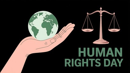 Elegant illustration of a hand holding the earth with justice scales symbolizing global equality, peace, fairness and human rights day awareness