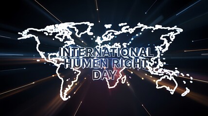Futuristic digital world map illustration with glowing international human rights day text symbolizing global unity, justice and awareness