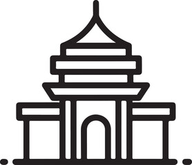 Traditional asian building structure featuring tiered roofs and central arched entrance representing cultural landmark or historical monument outline drawing.