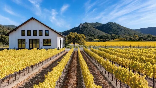 Vineyard farmhouse with golden rows of grapevine blue sky serene rural countryside autumn scene