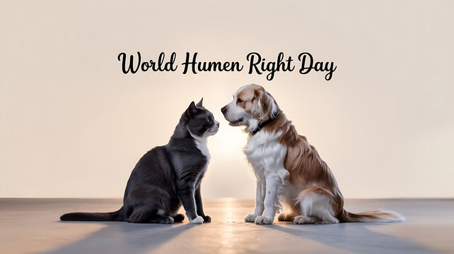 Cute scene of a cat and dog sitting together with world human rights day text symbolizing peace, kindness, unity and compassion - Powered by Adobe