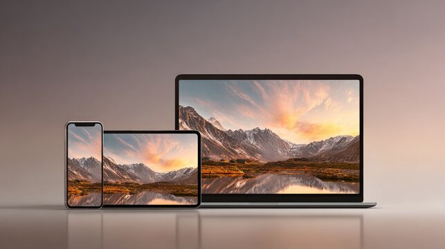 Three electronic devices displaying the same landscape image of mountains, lake, and colorful sky