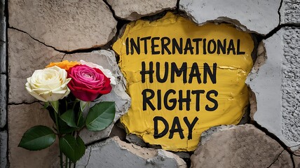 Symbolic composition featuring colorful roses beside cracked stone revealing international human rights day message in bold yellow paint
