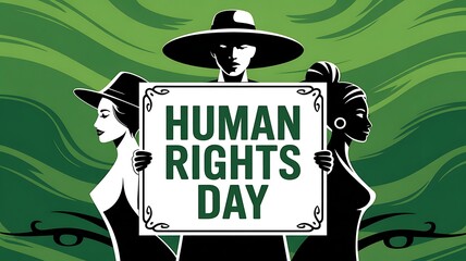 Striking illustration of diverse women holding a human rights day sign symbolizing equality, empowerment, justice and global solidarity