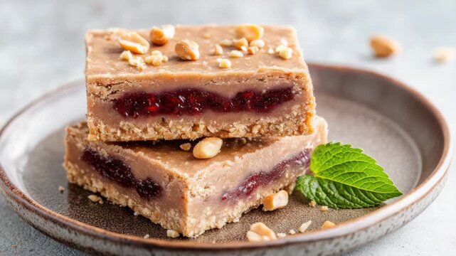 Peanut butter bar jam filling chopped peanut dessert bar shortbread crust layered pastry urgent