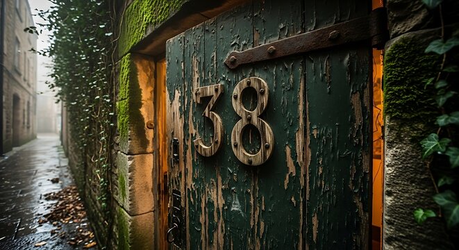 A weathered green door with the number thirty eight in a narrow alleyway on a foggy day setting