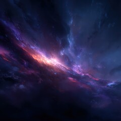 Expansive interstellar background featuring spiral galaxy formations, bright energy clouds and shimmering particles drifting across space.