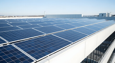 Rooftop solar power plant with multiple photovoltaic panels providing green electricity for a modern facility