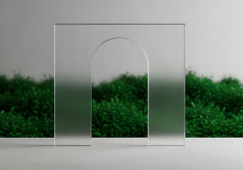 Frosted glass archway in lush greenery 3d render