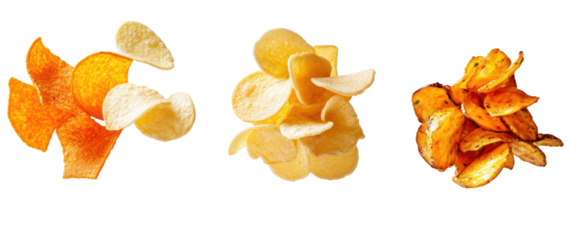 Piles of cheese chips veggie chips and plantain chips falling on transparent background