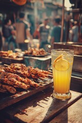 Vibrant Street Food Scene - Grilled Skewers and Refreshing Drink in a Bustling Market.