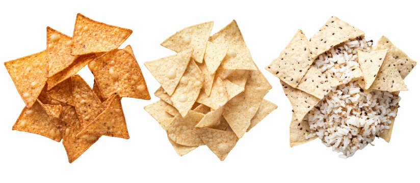 Three types of tortilla chips isolated on transparent background