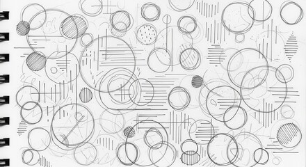 Sketchbook page filled with overlapping circles and lines creating an abstract geometric design