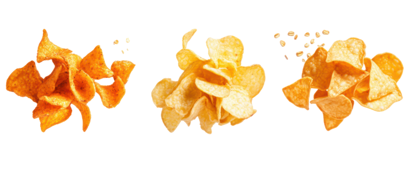 Piles of kettle chips sweet potato chips and multigrain chips falling on transparent background