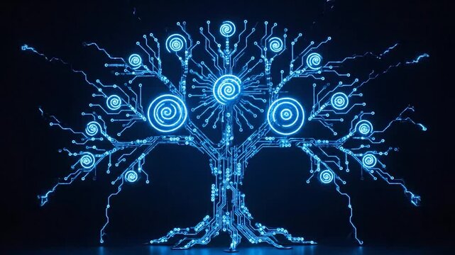 Blue circuit tree, spirals as leaves, against a dark background, glowing effect