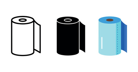 Three kitchen paper towel roll icons in black, white, and blue