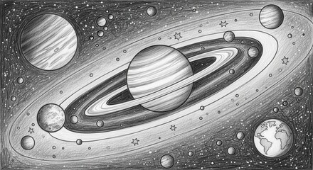 Hand drawn illustration of a ringed planet with other planets and stars in outer space scene
