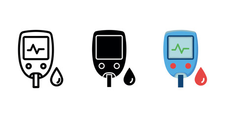 Blood glucose meter icon set with test strips and blood drop symbols