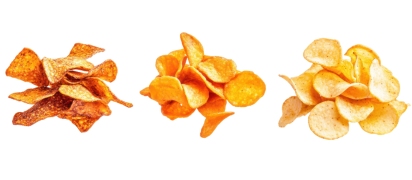 Piles of kettle chips sweet potato chips and multigrain chips falling on transparent background