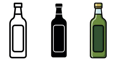 Outline, silhouette, and colored olive oil bottle on white background
