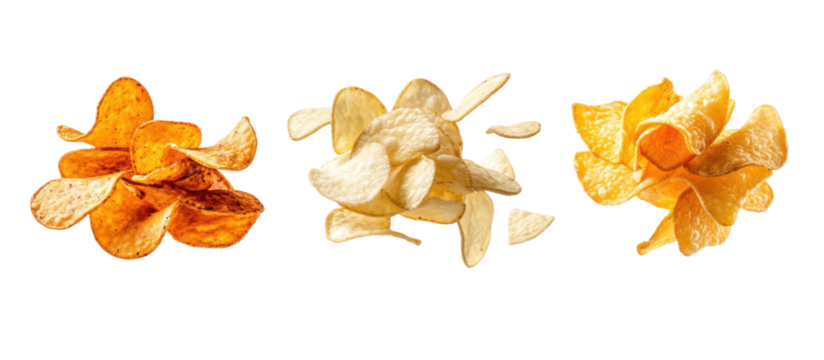 Piles of plain chips barbecue chips and sour cream chips falling on transparent background