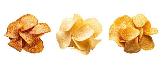 Three piles of potato chips isolated on transparent background