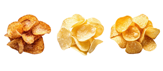 Three piles of potato chips isolated on transparent background