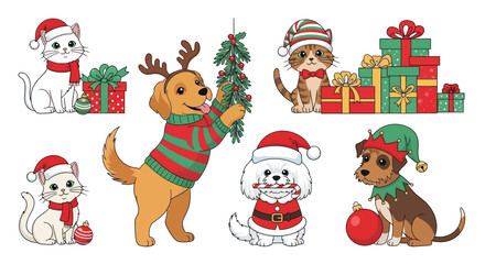 Adorable festive pets in charming Christmas attire, including Santa hats, reindeer antlers, and elf costumes, bringing holiday joy and cheerful celebration to the winter season