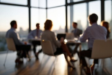 Obraz premium Blurred business meeting in modern office at sunset with colleagues around conference table discussing ideas and collaboration in warm natural light