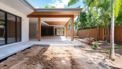 Modern patio extension with wooden beam sliding glass doors tropical garden construction site - Powered by Adobe