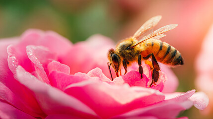 Close up of a honeybee gathering pollen from a vibrant pink rose in soft diffused light setting