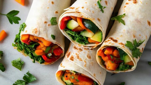 Colorful vegetable wrap with grilled tortilla, zucchini, bell pepper, spinach and parsley