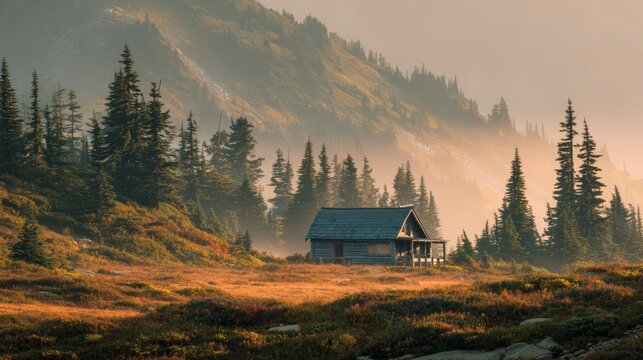 A wooden cabin sits nestled in a golden meadow at the edge of a forest, mountains looming in the soft, hazy background
