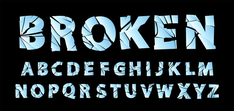 Uppercase letters in cracked shape English alphabet destroy font, vector crash typographic broken mirror or glass effect